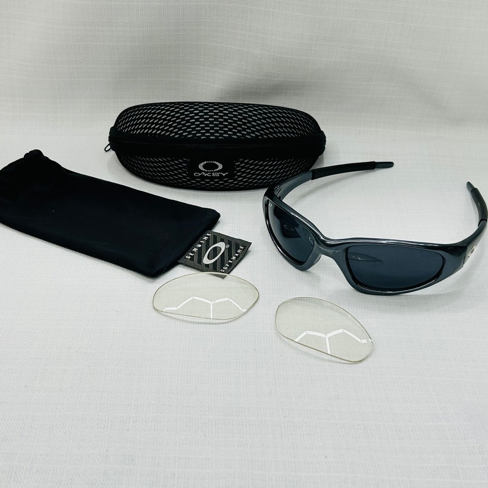 Vintage Oakley XX Twenty Sunglasses FMJ Gunmetal Gray Case Pouch Extra Lense Y2K